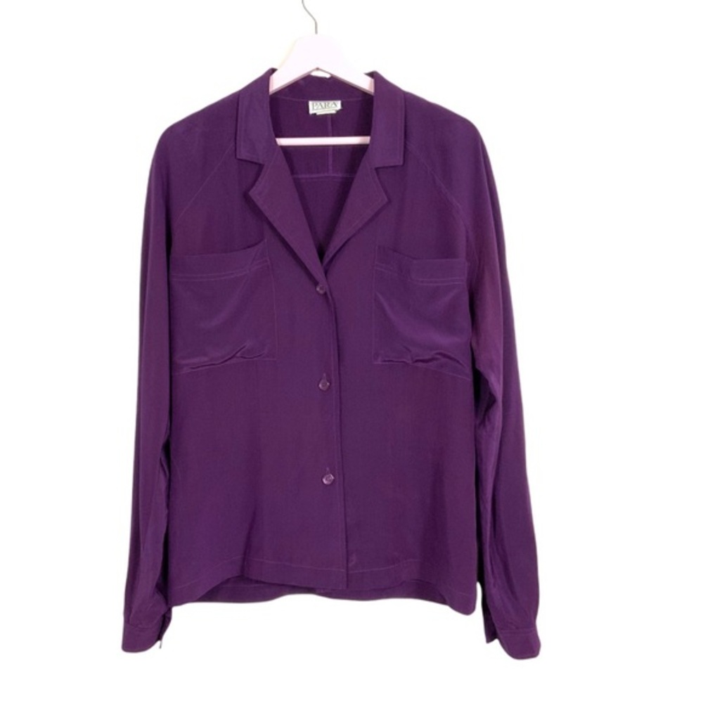 Vintage Para Silk dark purple button front‎ pocket blouse Medium